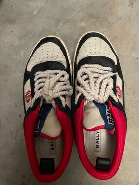 Bally Leather Sneakers in White, Black & Red with Blue Accents
